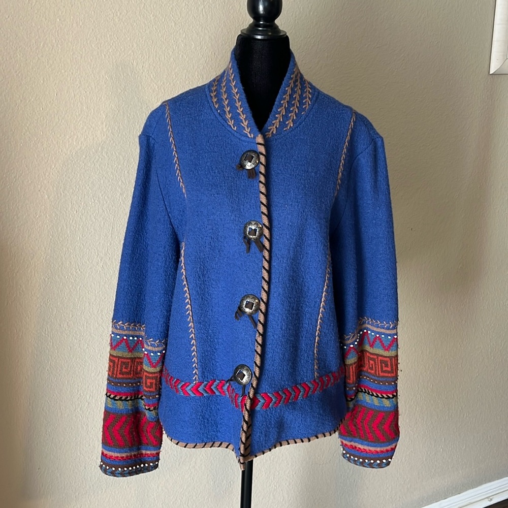 Coldwater Creek Wool Embroidered Blue Aztec Embroidered Jacket Large